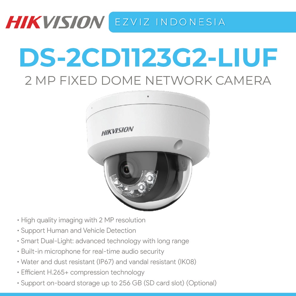 Caméra Hikvision DS-2CD1123G2-LIU(2.8mm)(O-STD) réseau dôme fixe hybride intelligente 2 MP